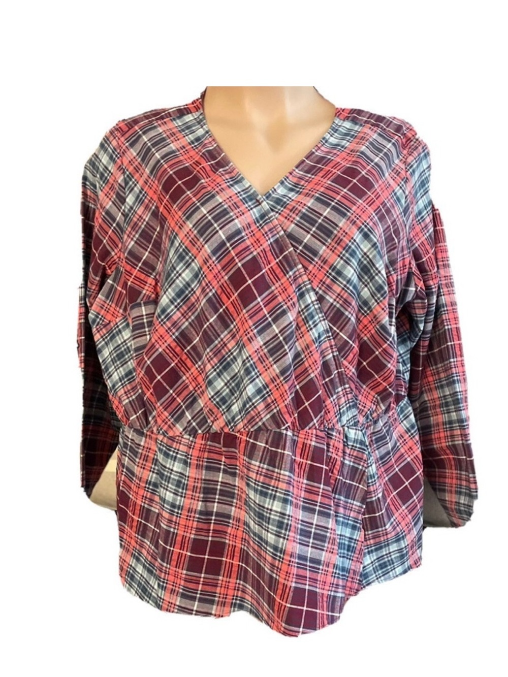 Denim & Co Top Long Sleeve Plaid Surplice Peplum Plus Size 2X Cotton Blend
